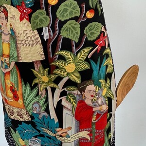 Frida's Garden Artist Full Apron-Monkeys-Parrots-Flowers-Folklorico Appliqué Pocket-Washable Cotton-Lined-Reversible-2 Aprons in 1 image 3