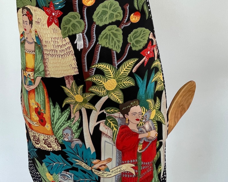 Frida's Garden Artist Full Apron-Monkeys-Parrots-Flowers-Folklorico Appliqué Pocket-Washable Cotton-Lined-Reversible-2 Aprons in 1 image 3