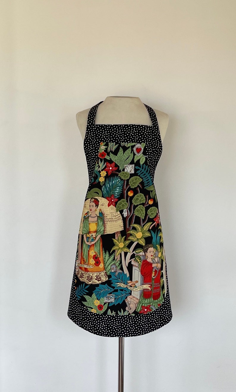 Frida's Garden Artist Full Apron-Monkeys-Parrots-Flowers-Folklorico Appliqué Pocket-Washable Cotton-Lined-Reversible-2 Aprons in 1 image 2