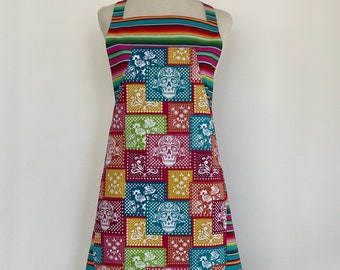 Papel Picado Skulls Full Apron-Day of the Dead-Dia de los Muertos-Washable Cotton-Appliqué Pocket-Reversible-Lined