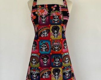 Frida K Artist Full Apron-Calavera Skull Faces Day of the Dead-los Muertos-A Henry Appliqué Pocket-Washable Cotton