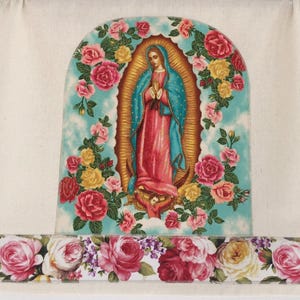 Guadalupe Tea Towel-Turquoise Blue Sky with Roses-Retablo-Virgin Mary-Blessed Mother-Folklorico-Goddess