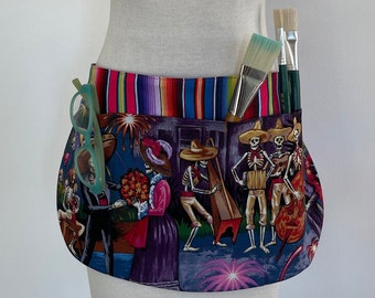 Skeleton Musicians-Dancers Utility Apron-3 Pockets-Day of the Dead-Dia de los Muertos-Washable Cotton