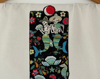 Merman-Musicians Tea Towel-Singing-Playing Instruments-Day of the Dead-Los Muertos-Washable Cotton-Handmade Embroidered Appliqués