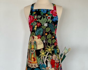 Frida's Garden Artist Full Apron-Monkeys-Parrots on Big Roses and Flowers-Folklorico Appliqué Pocket-Washable Cotton-Lined-Reversible-2 in 1