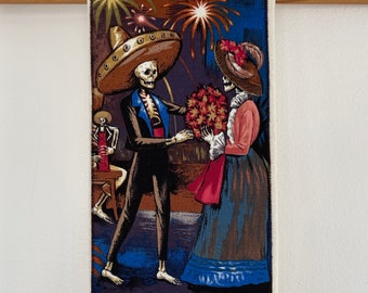 Skeletons Couple Tea Towel-Bouquet-Day of the Dead-Dia de los Muertos-Embroidered-Handmade Appliqués-Washable Cotton