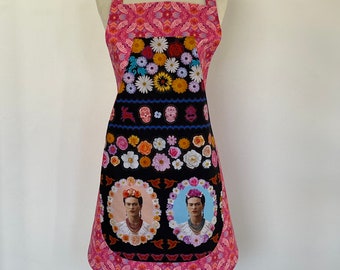 Artist Frida K. Apron-Pop Art Faces and Flowers-Appliqué Pocket-Washable Cotton-Reversible-FREE US Shipping