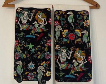 Mermaids and Seahorses Tea Towel-Day of the Dead-Dia de los Muertos-Washable Cotton-Embroidered Appliqués