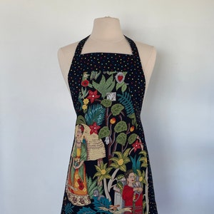 Frida's Garden Artist Full Apron-Monkeys-Parrots-Flowers-Folklorico Appliqué Pocket-Washable Cotton-Lined-Reversible-2 Aprons in 1 image 1