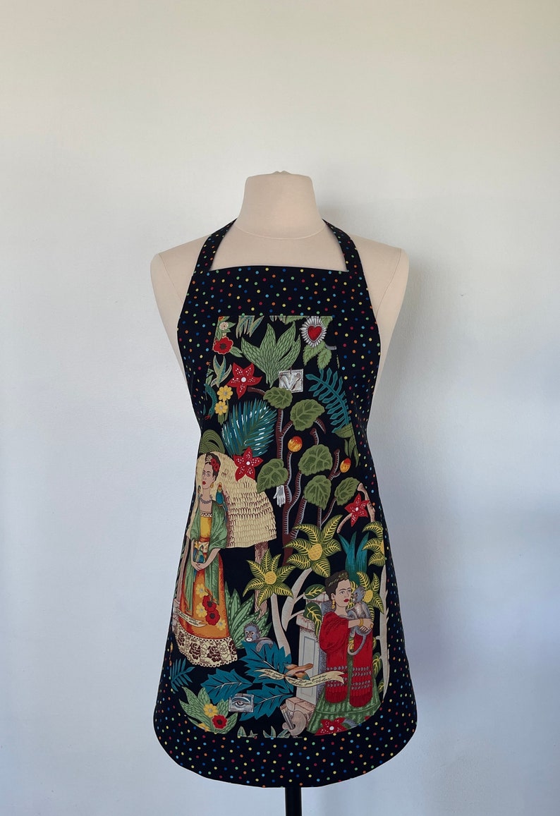 Frida's Garden Artist Full Apron-Monkeys-Parrots-Flowers-Folklorico Appliqué Pocket-Washable Cotton-Lined-Reversible-2 Aprons in 1 image 1