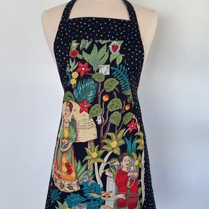 Frida's Garden Artist Full Apron-Monkeys-Parrots-Flowers-Folklorico Appliqué Pocket-Washable Cotton-Lined-Reversible-2 Aprons in 1 image 7