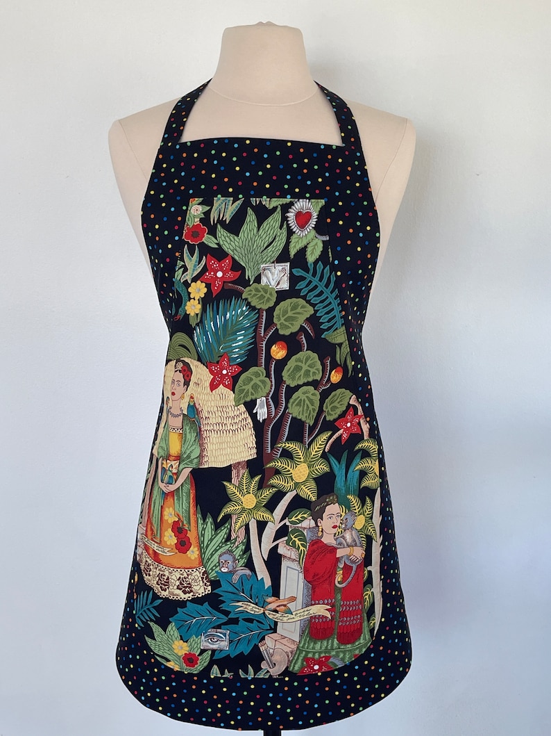 Frida's Garden Artist Full Apron-Monkeys-Parrots-Flowers-Folklorico Appliqué Pocket-Washable Cotton-Lined-Reversible-2 Aprons in 1 image 7