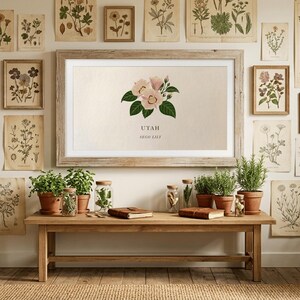 May include: A framed print of the Utah Sego Lily with a wooden bench holding potted plants and glass jars. Botanical prints and framed art pieces adorn the wall, creating a vintage aesthetic. The bench is made of light-colored wood.
