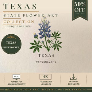 May include: A digital art print featuring a bluebonnet flower illustration with green leaves and the text Texas Bluebonnet. The graphic includes labels for a 50% off sale, 4K resolution, 16:9 aspect ratio, and instant download availability.
