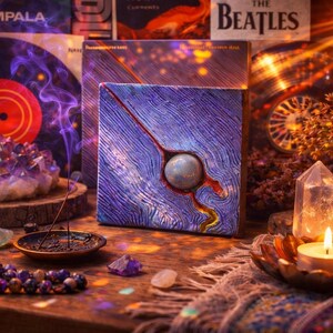 Peut inclure: Une nature morte mystique avec un cristal d'améthyste violet, de l'encens, une bougie allumée et une œuvre d'art carrée avec un globe central. Des disques vinyles et une boule à facettes en arrière-plan créent une ambiance artistique.