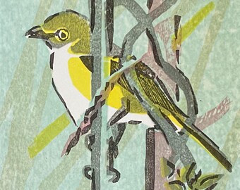 May include: A yellow and green bird perched on a branch with a blue and green background. The bird is facing to the left and has a white chest. The background is a stylized depiction of leaves and branches.