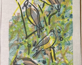 May include: A colorful print featuring four stylized birds perched among branches and foliage. The artwork uses a palette of yellow, gray, brown, and blue-green hues, creating a vibrant and textured effect. The birds are the focal point of the artwork.