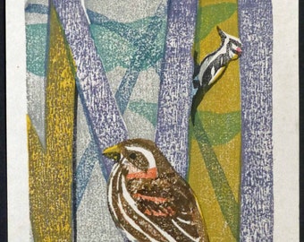 May include: A woodblock print of two birds in a stylized forest setting. The print is titled "Two Purple Finch and a Tiny Woodpecker 0219" and signed by the artist.