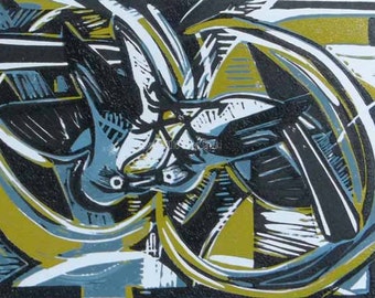 May include: Abstract art print with black, white, and yellow geometric shapes. The shapes are layered and overlapping, creating a sense of depth and movement.