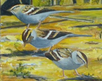 May include: A painting of three sparrows perched on a branch. The sparrows are brown, white, and gray with dark eyes. The background is a yellow and brown abstract pattern.