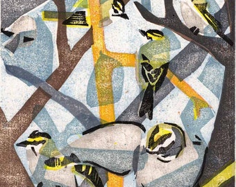 Original Moku Hanga Print of Golden-crowned Kinglets II