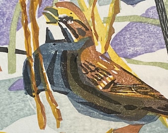 May include: A colorful woodblock print of a sparrow perched on a branch in a snowy landscape. The print is titled "White-Throated Sparrow at Thatcher,  Made June III 2024" and signed "Flynn."