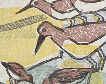 May include: A woodblock print of a group of brown and white birds perched on a branch. The birds are stylized and have a geometric design. The background is a muted green and yellow.