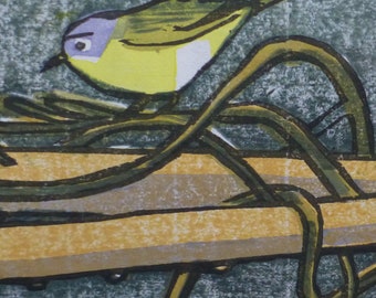 May include: A yellow and blue bird perched on a brown branch with green vines. The bird is facing left and has a long, thin beak. The background is a dark gray.