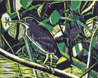 Green Heron with Twelve-spotted Skimmer Reduction 5-color Linocut