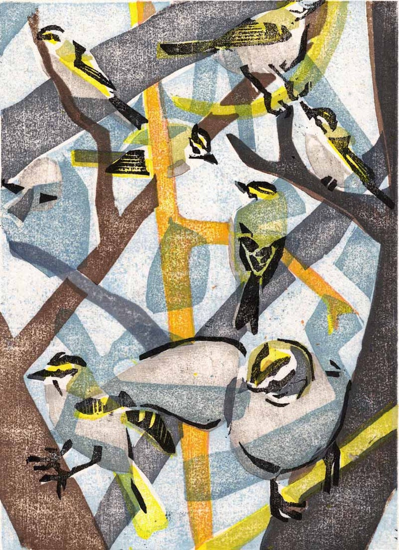 Originele Moku Hanga-print van goudgekroonde Kinglets II afbeelding 1