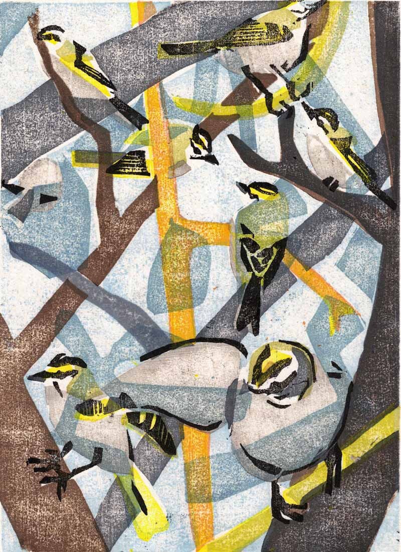 Original Moku Hanga Print of Golden-crowned Kinglets II