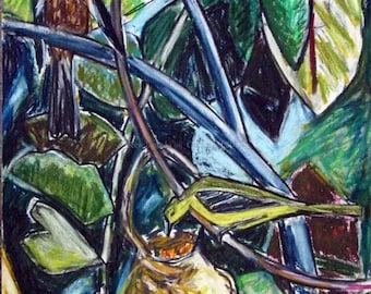 May include: An abstract painting of birds in a lush, green environment. One bird is perched on a branch, while another is near a nest. The artwork uses a variety of colors, including brown, green, blue, and yellow.