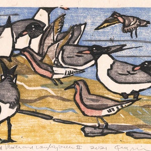 Red Knots and Laughing Gulls at Reeds Beach II Moku Hanga image 2