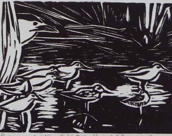 May include: Black and white woodcut print of five birds in a dark, shadowy setting. The birds are stylized and have long, thin legs. The print is framed by a dark border.