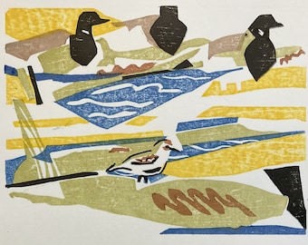 May include: A colorful abstract print of birds and water. The print features a blue, yellow, and green color scheme with black birds and a white bird.