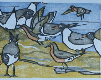 May include: A colorful woodblock print of a group of birds on a beach. The birds are in various shades of gray, brown, and white. The background is a light blue.