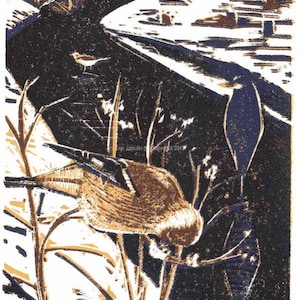 American Goldfinch, Great Blue Heron and Killdeer in Snow Reduction Woodcut