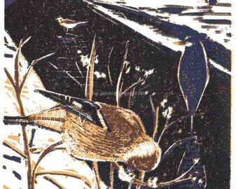 American Goldfinch, Great Blue Heron and Killdeer in Snow Reduction Woodcut