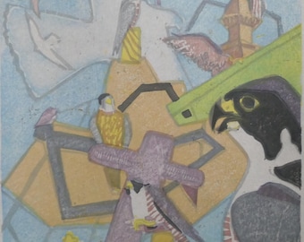 May include: Abstract artwork featuring stylized birds and geometric shapes in shades of yellow, purple, green, and blue. The artwork has a textured appearance, with a focus on avian forms and a layered composition. The overall theme is nature and wildlife.