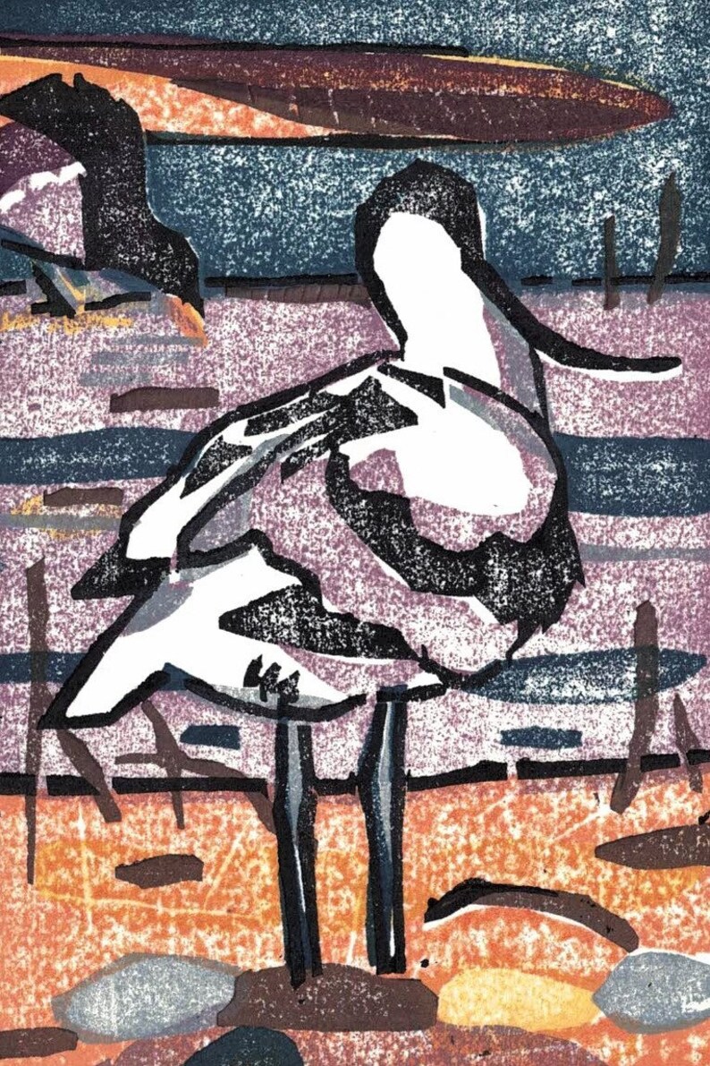 Original Moku Hanga Print of Avocet and Moorhen on Masa Dosa Paper