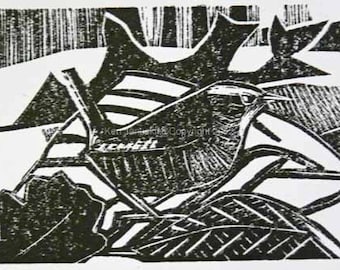 Wren d’hiver dans les feuilles Linocut