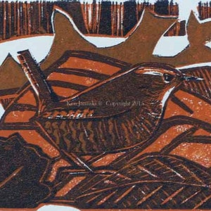 Winter Wren in Leaves Woodcut/Linocut image 1