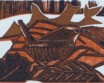 Wren de invierno en hojas xilografía / Linocut