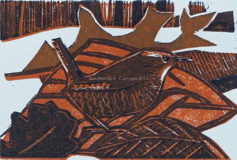 Winter Wren in Leaves Woodcut/Linocut image 1