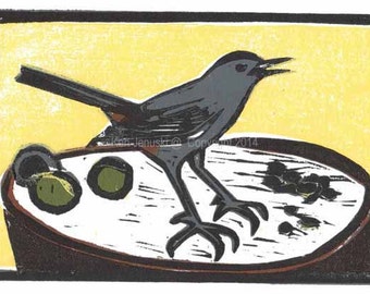 Gray Catbird with Walnuts Multi-block Woodcut