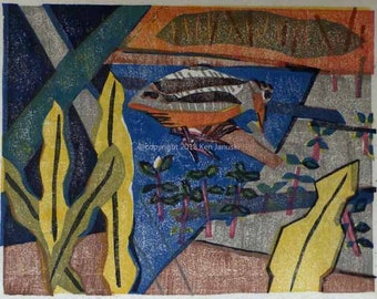 May include: A colorful abstract woodblock print with a bird, plants, and geometric shapes. The bird is brown, white, and black with a long beak. The plants are green and yellow. The geometric shapes are blue, orange, and yellow.