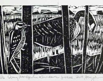May include: Black and white woodcut print of a bird perched on a branch, with another bird in the background. The print is signed "5/16, Denny Woodworth, "Cawcaw" Goose, 2011, Tenryu"