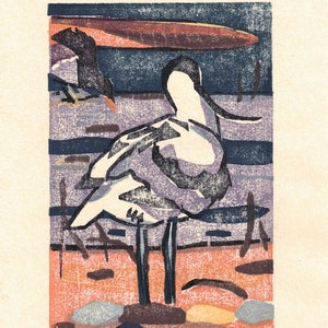 Original Moku Hanga Print of Avocet and Moorhen at Minsmere image 1