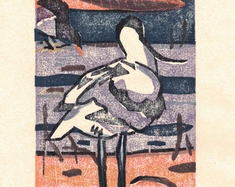 Impresión original de Moku Hanga de avoceta y gallina en Minsmere