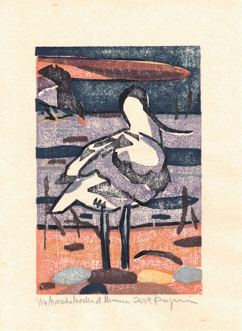 Original Moku Hanga Print of Avocet and Moorhen at Minsmere image 1